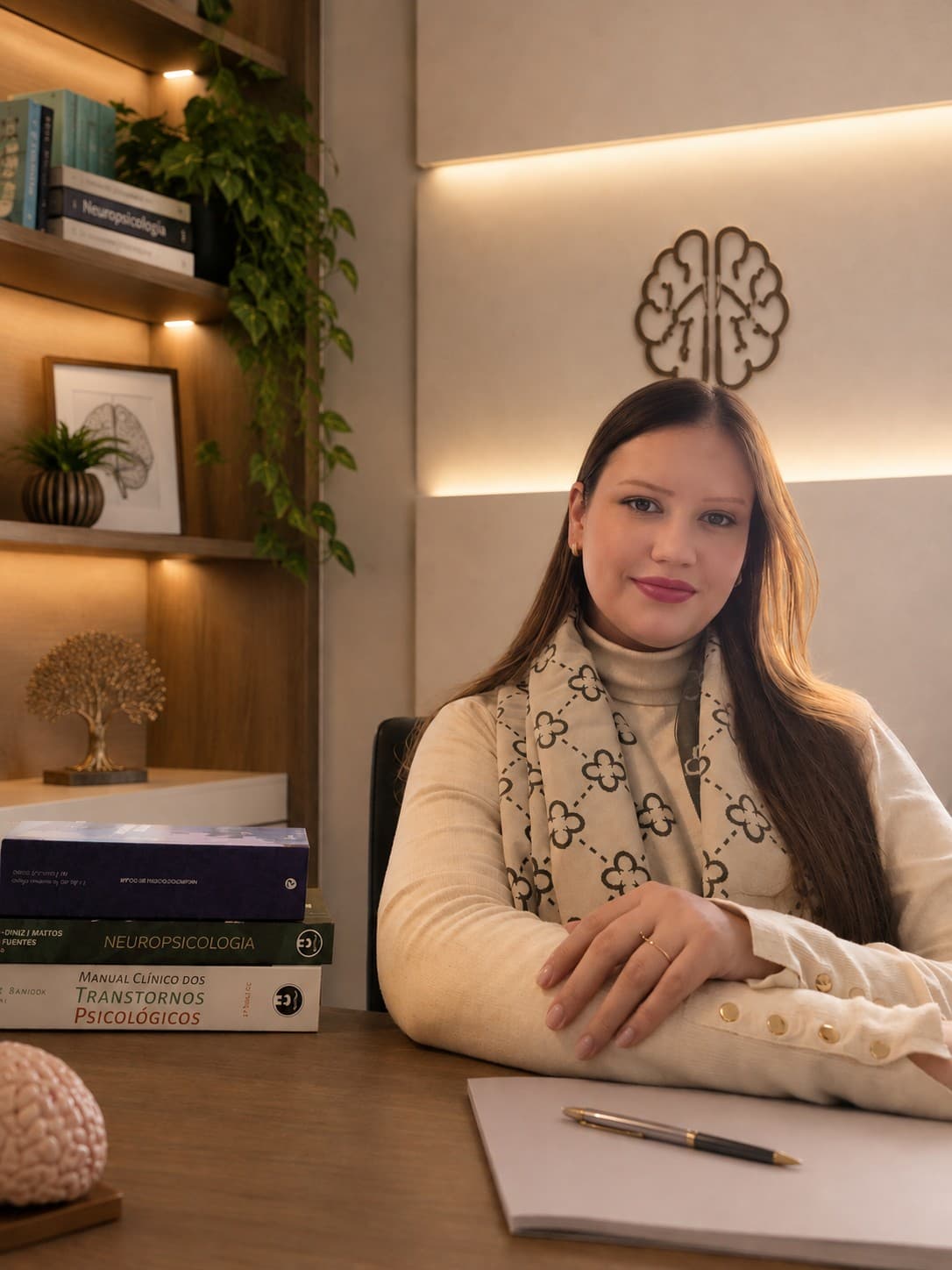Isabely Ferreira sentada à mesa do consultório no Centro Cívico